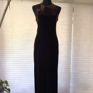 Sleek chocolate velvet, never worn, long evening dress. Yummy!